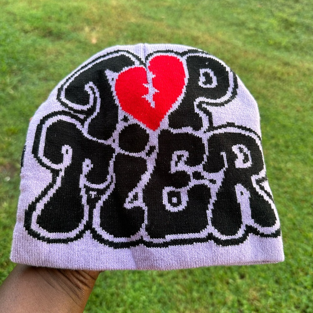 Two Heart Graphic Beanie - Black, Red, White